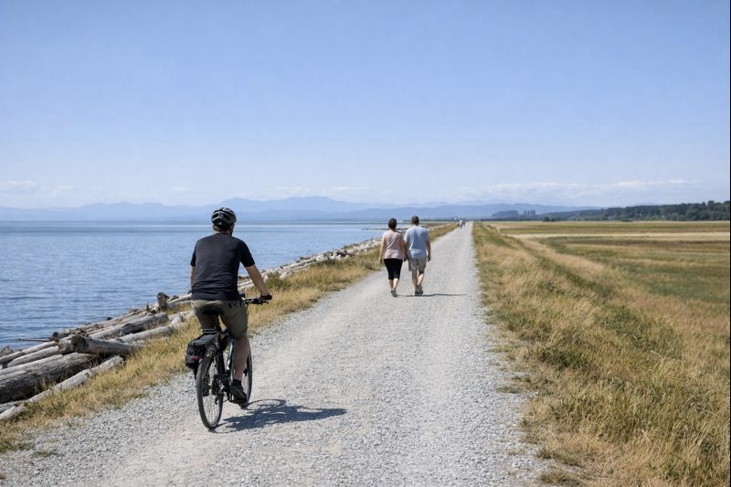 biking and walking along beach path professional image