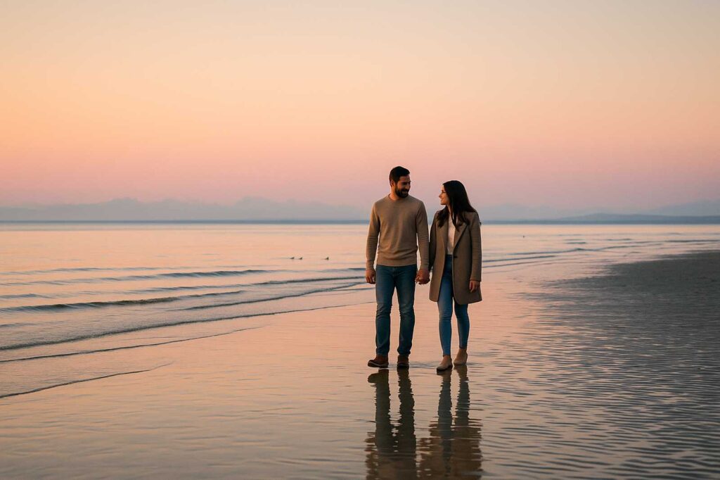 couple walking on beach at sunset local business directory | GPS: 49.108987, -123.017657