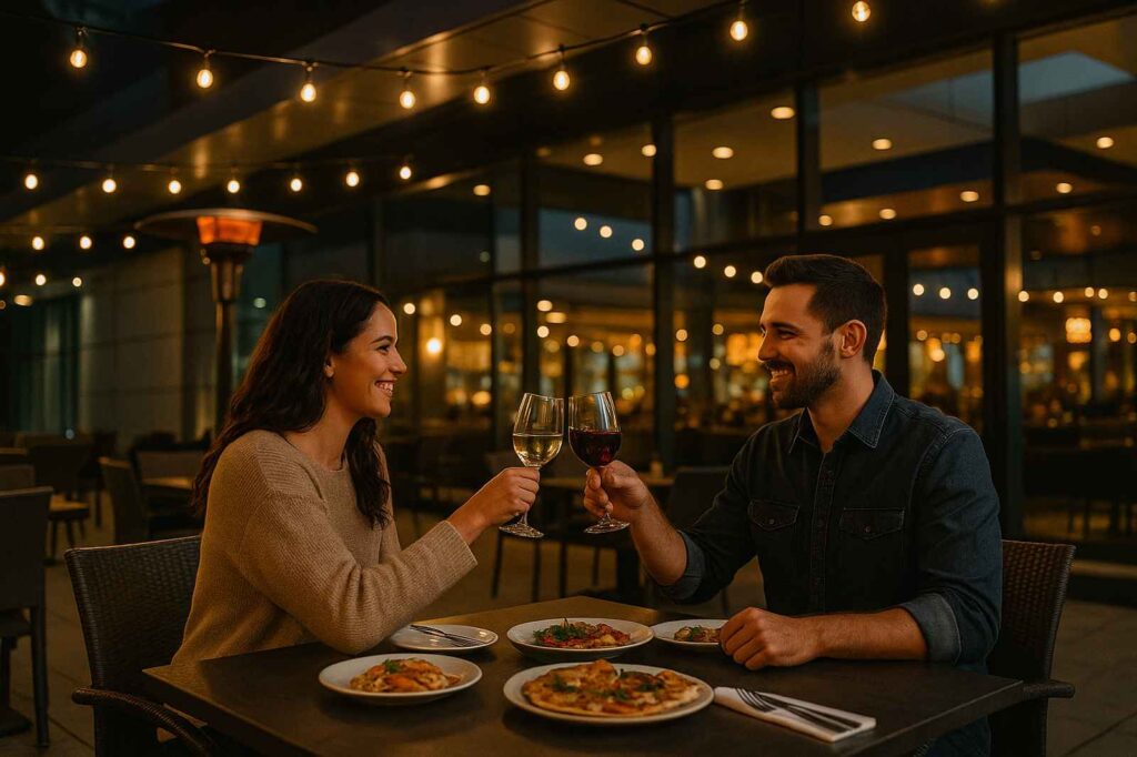 dinner date outside community events restaurant couples toast | GPS: 49.184868, -122.901794