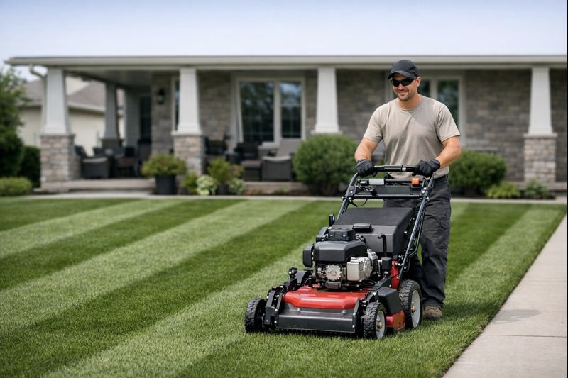 lawn care professional mowing neat grass in residential yard