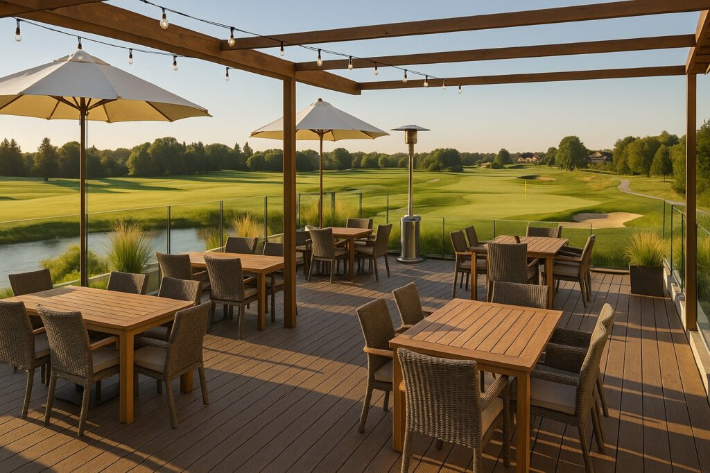 outdoor dining area local golf course view | GPS: 49.198798, -122.901403