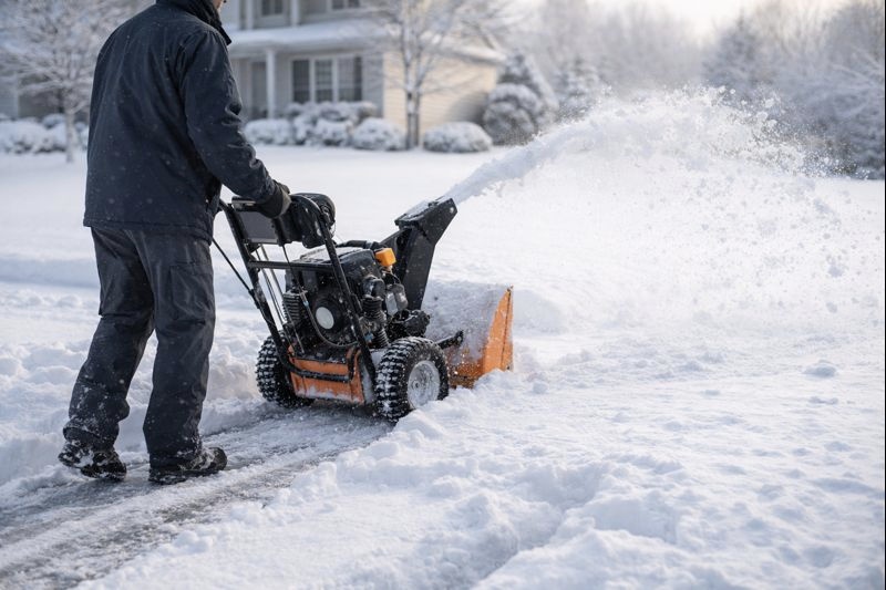 snow removal professional using snowblower in winter snowstorm