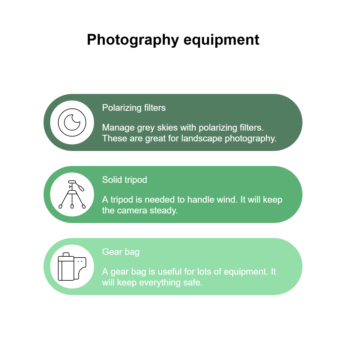 Polarizing filters:
Manage grey skies with polarizing filters. These are great for landscape photography.

Solid tripod
A tripod is needed to handle wind. It will keep the camera steady.

Gear bag:
A gear bag is useful for lots of equipment. It will keep everything safe.