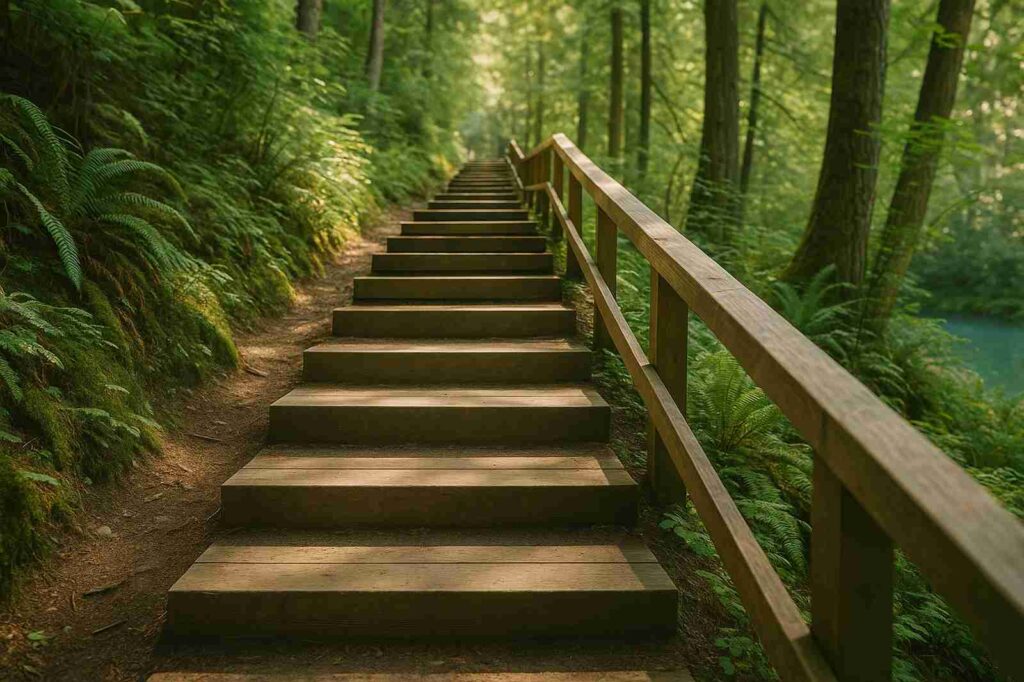 wooden steps in forest local experiences Your Guide to Free Outdoor Fitness Trails in New Westminster BC wooden steps in forest local experiences.jpg | GPS: 49.143210, -122.965402