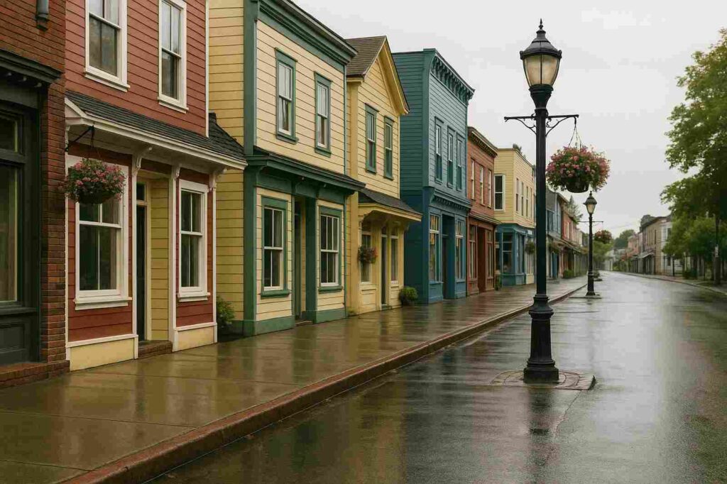 colorful houses on rainy street local experiences.jpg | GPS: 49.196717, -122.883702