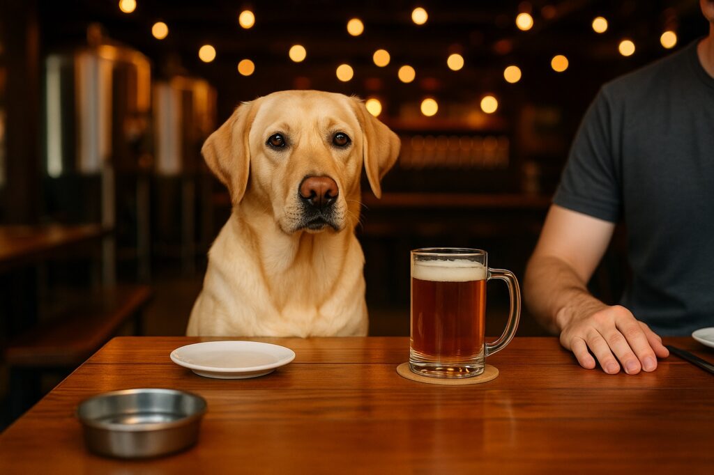 dog and beer at local pub table | GPS: 49.142202, -123.002135