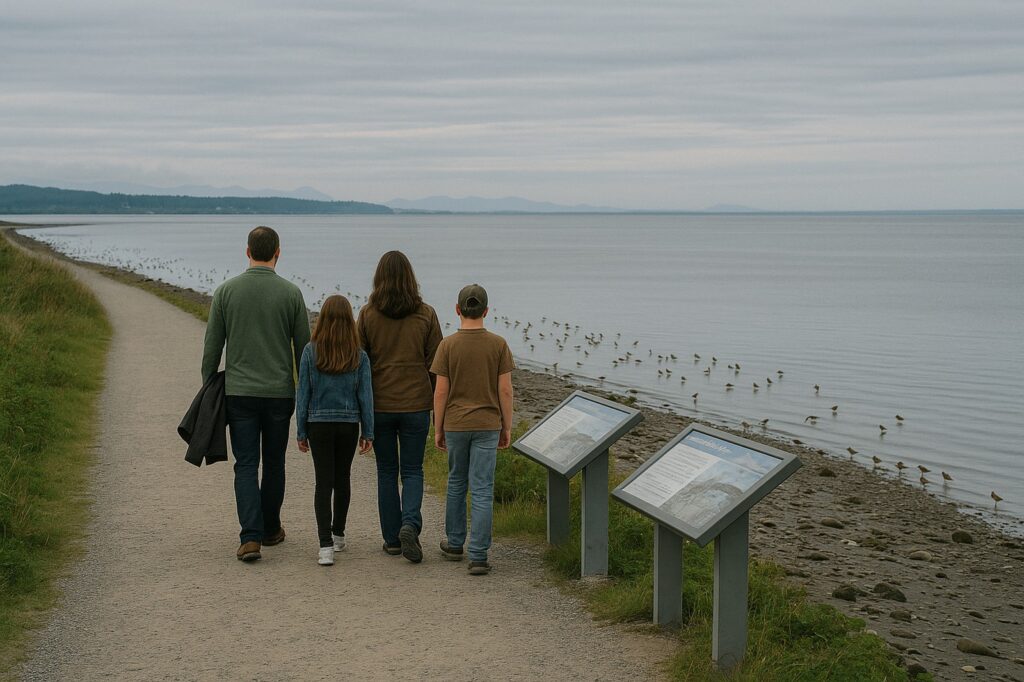 family walking along beach local waterside signs park Educational Fun for Kids: New Westminster BC