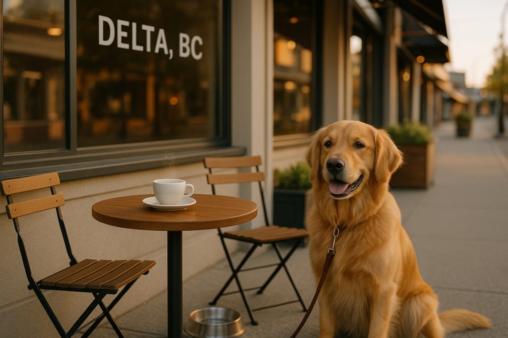 golden retriever at cafe in delta bc outdoors | GPS: 49.118550, -123.038252