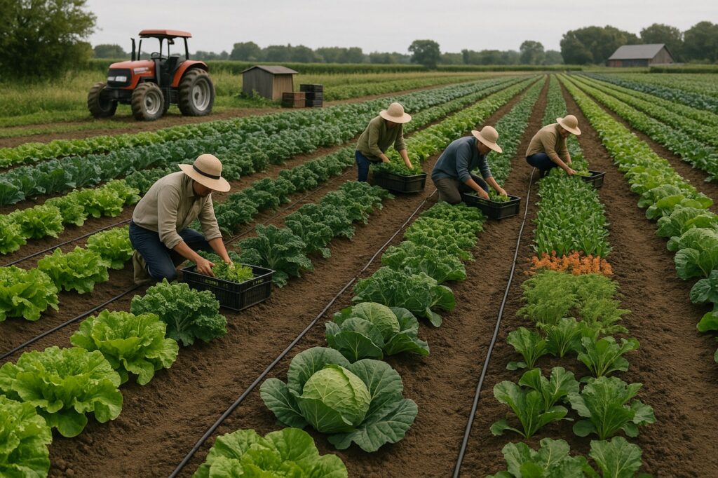 local farmers harvesting lettuce in green fields | GPS: 49.204652, -122.906770