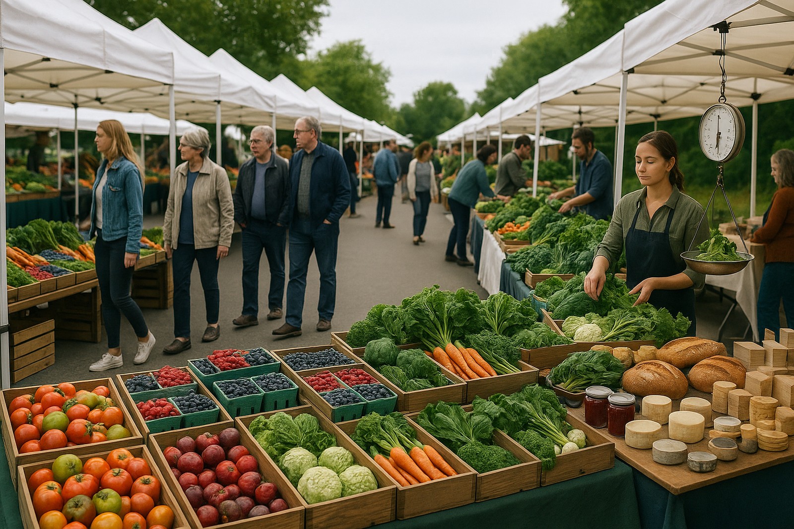 local farmers market with fresh produce and visitors | GPS: 49.145923, -122.996452