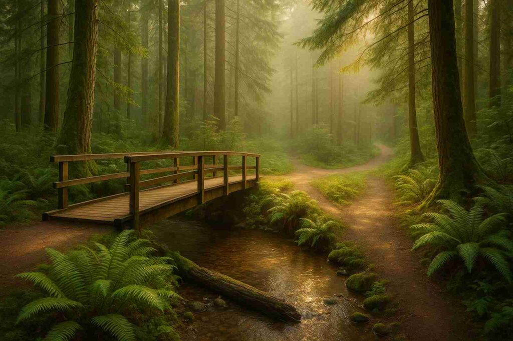 peaceful forest path with bridge community events | GPS: 49.156011, -122.945857