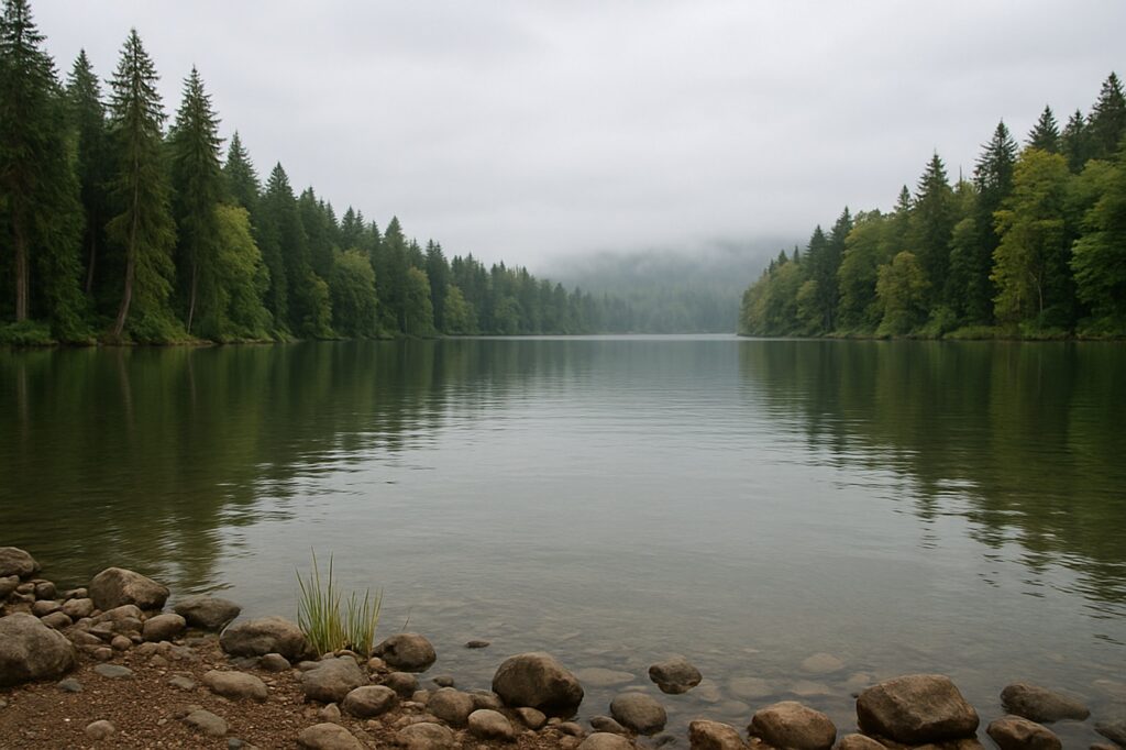 misty lake in forest with stones local | GPS: 49.128914, -123.008120