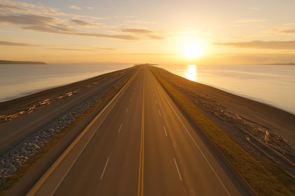 sunset over waterway with highway and delta in landscape New Westminster Local sunset over waterway with highway and delta in landscape New Westminster Local