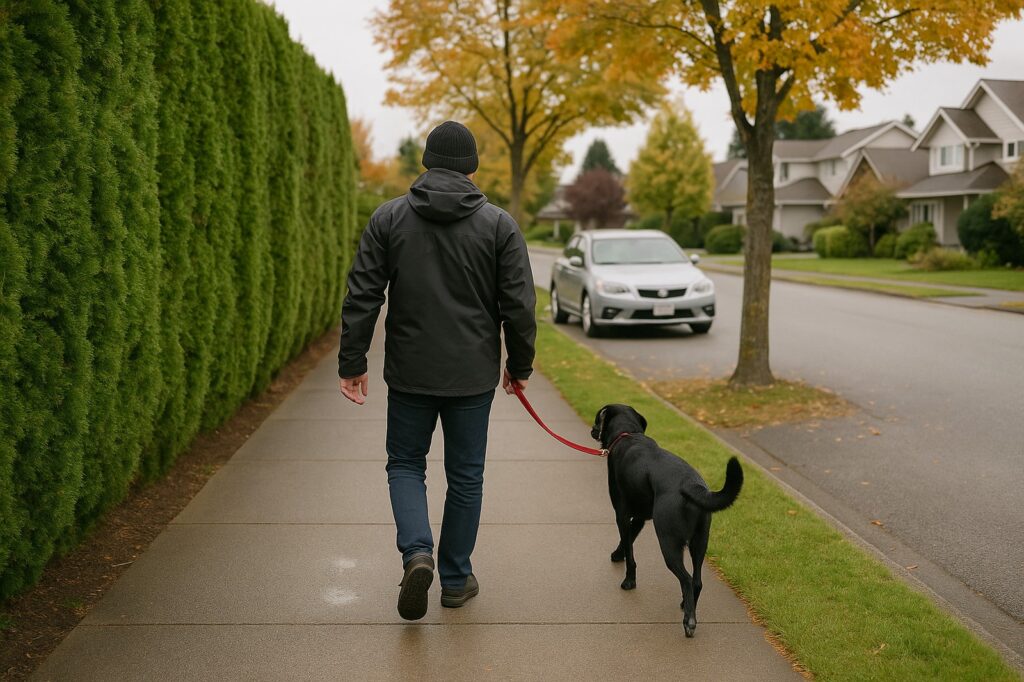 walking with black dog in autumn street delta | GPS: 49.185197, -122.922173 walking with black dog in autumn street delta | GPS: 49.185197, -122.922173