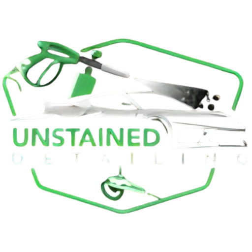 Unstained Detailing hand car wash tools and equipment including brushes, microfiber towels, and cleaning supplies arranged on white background with green border and Unstained logo for Port Moody
