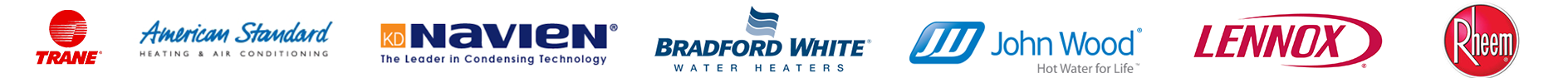 Brand logos for HVAC and heating air conditioning companies including Trane, American Standard, Navien, Bradford White, John Wood, Lennox, and Rheem