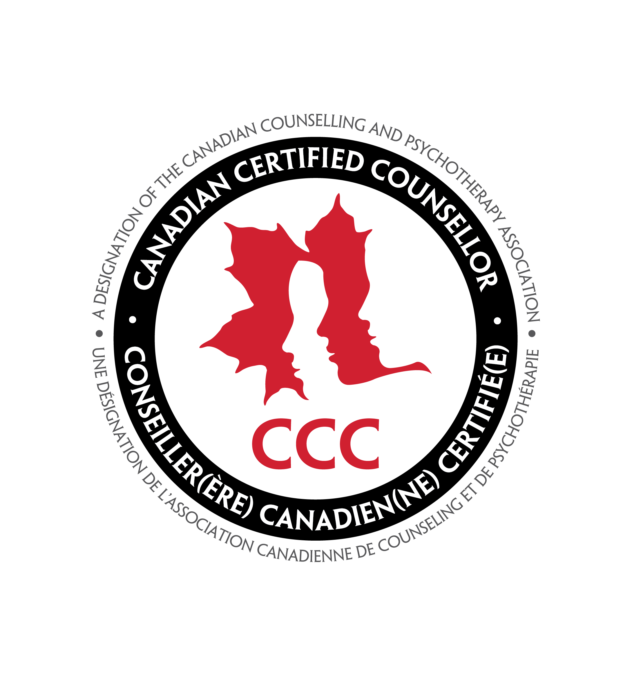 CCC Canadian Certified Counsellor logo from the Canadian Counselling and Psychotherapy Association, featuring two red profile silhouettes and used by Golden Hour Counselling in Port Moody