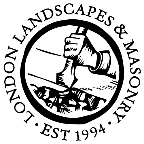 London Landscapes & Masonry logo featuring a hand holding a mason's trowel with established date 1994, professional landscaping and masonry services in Port Moody