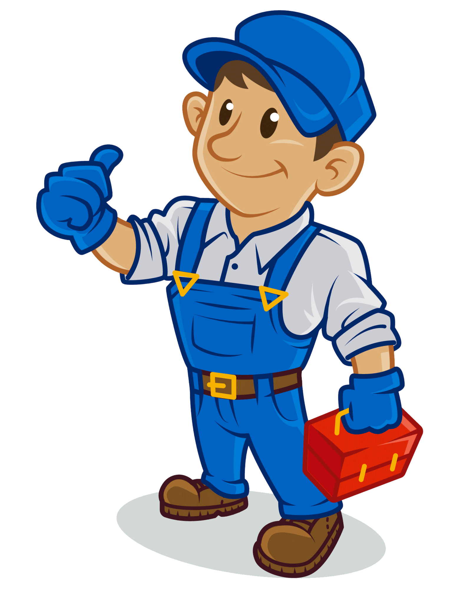 Friendly cartoon plumber character in blue uniform and cap giving a thumbs up while holding a red toolbox, representing professional plumbing services in Port Moody