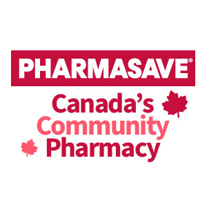 Pharmasave Canada's Community Pharmacy logo featuring red and white design with maple leaf symbols, representing the Port Moody location on St. Johns Street
