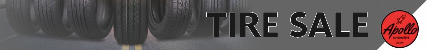 Apollo Automotive tire sale banner featuring multiple tires with the Apollo Automotive logo and text 'TIRE SALE' in Port Moody