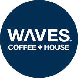 Waves Coffee House logo with white text on dark blue circular background