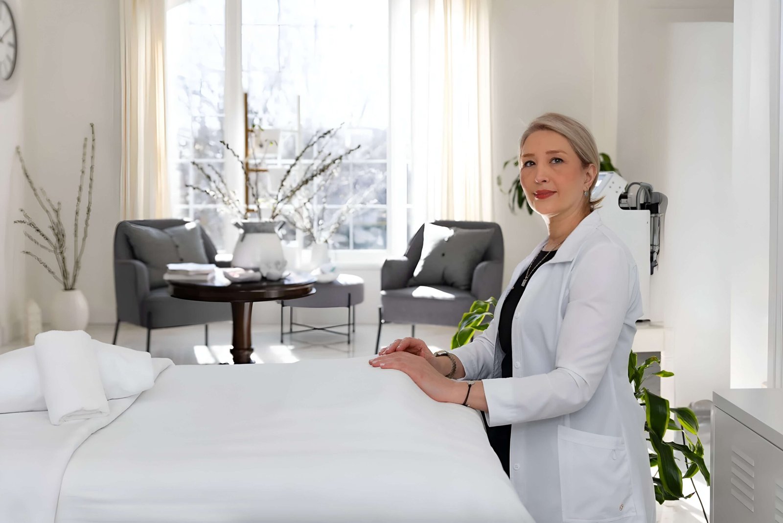 Zohreh spa therapist in Port Moody standing in a bright, modern treatment room with white linens and contemporary furnishings