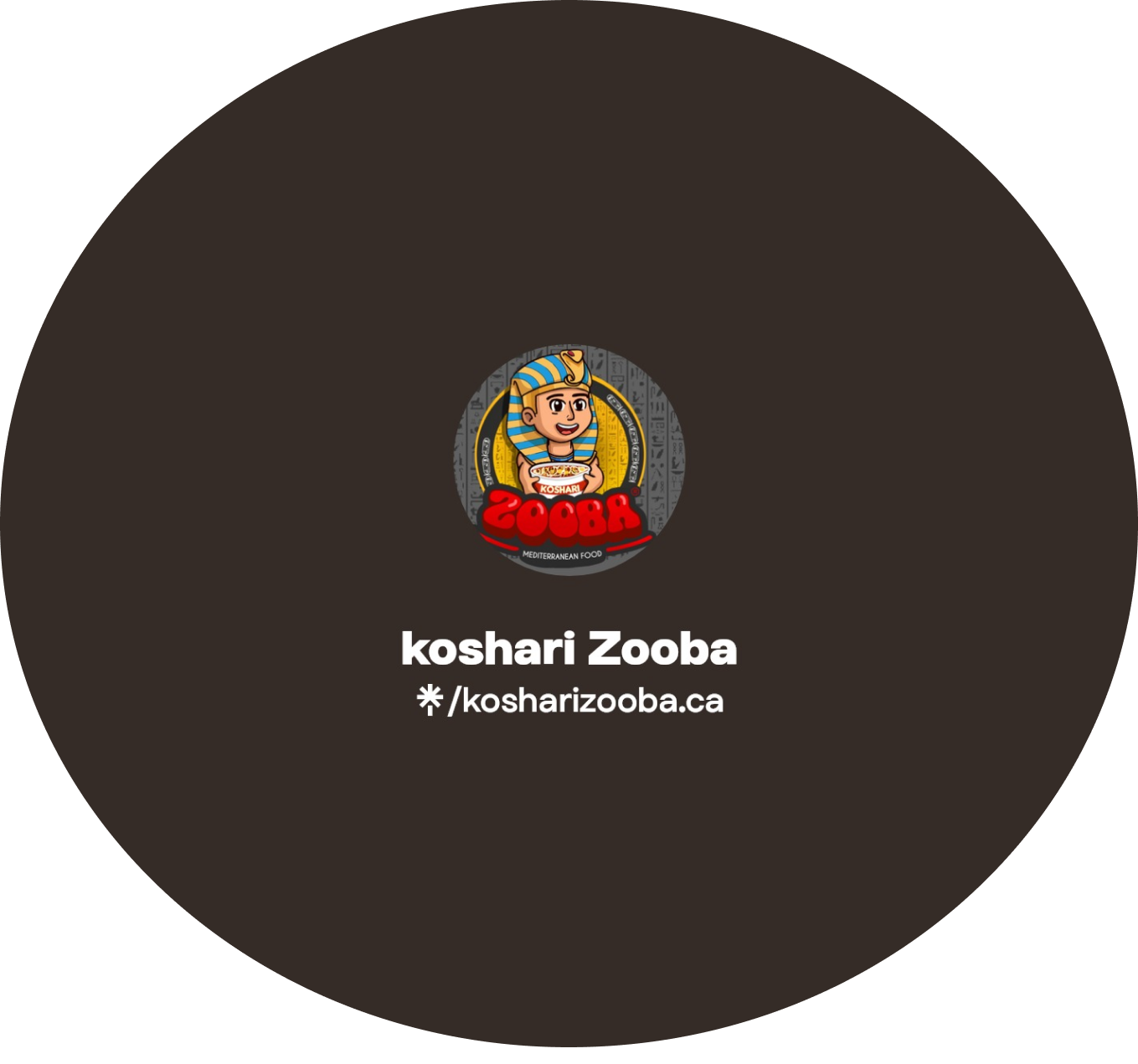 Koshari Zooba logo featuring a cartoon Egyptian pharaoh character holding a bowl of food on a dark brown circular background with the restaurant name and website **/kosharizooba.ca displayed below, representing Mediterranean cuisine in Port Moody