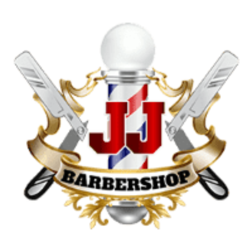 JJ Barbershop LTD Port Moody logo featuring a stylized JJ emblem with crossed straight razors, decorative gold scrollwork, and a barber pole design