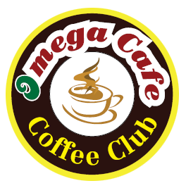 Omega Cafe Coffee Club logo featuring a steaming coffee cup in the center with yellow and brown circular design elements, serving Port Moody