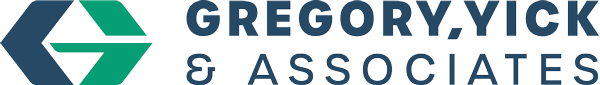 Gregory, Yick & Associates logo featuring geometric shapes in navy blue and green