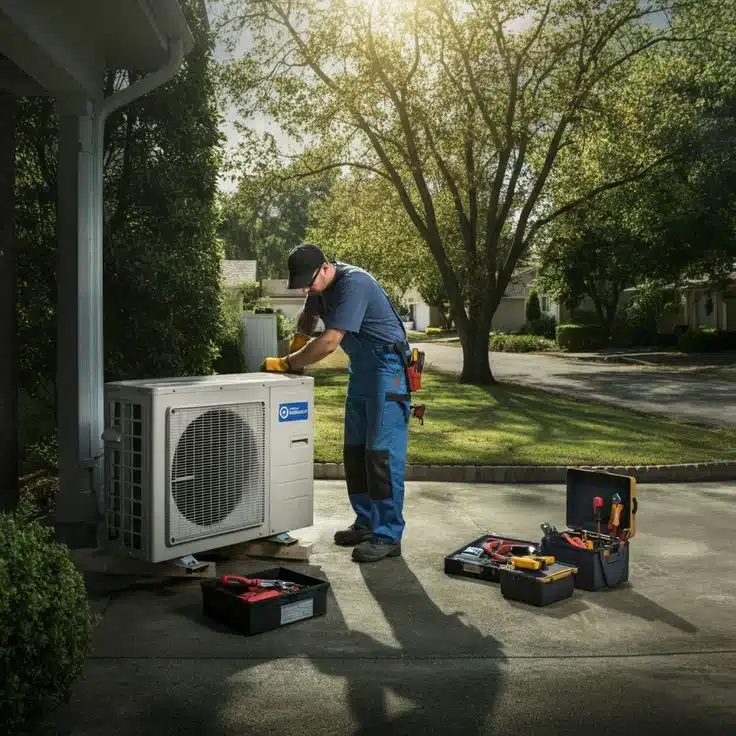 HVAC technician in Port Moody performing maintenance on an outdoor air conditioning unit with tools and toolboxes visible on a residential driveway
