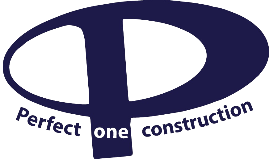 Perfect One Construction logo featuring a stylized house design in dark blue