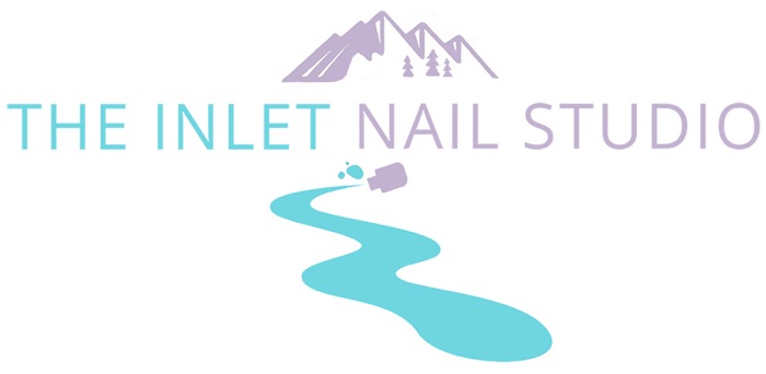 The Inlet Nail Studio logo featuring mountains and a flowing water stream with nail polish brush in Port Moody