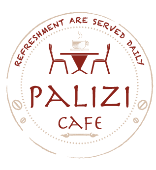 Palizi Cafe logo featuring a round design with a table and two chairs, with text reading 'Refreshment are served daily' around the circular border