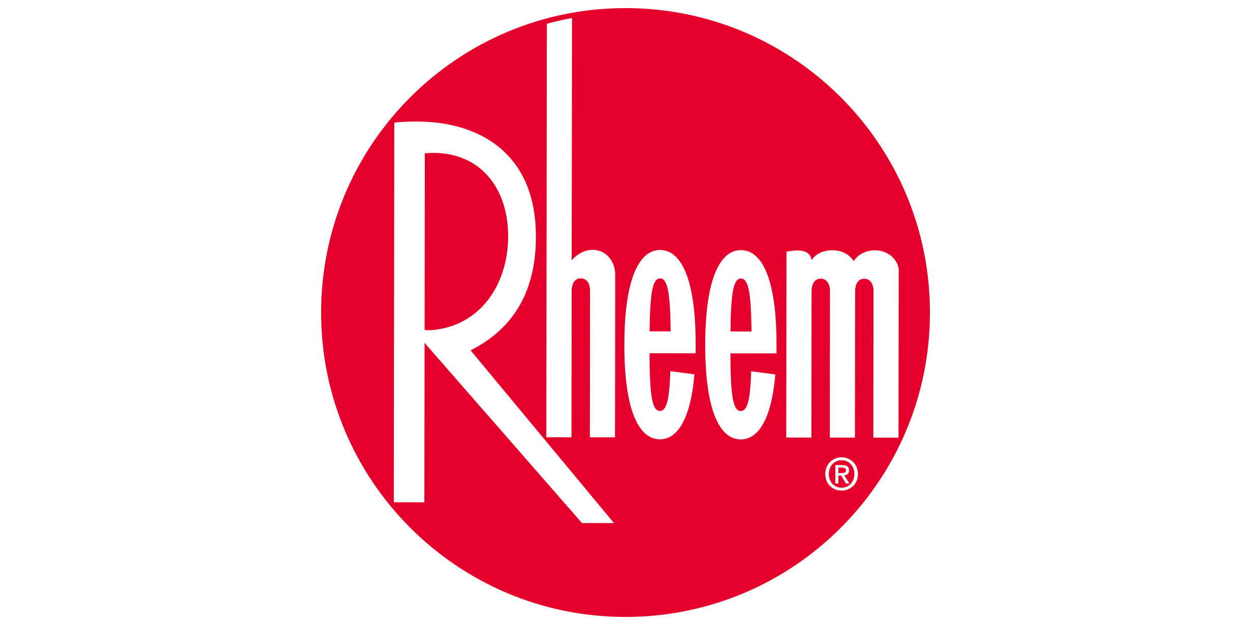 Rheem registered trademark logo - a white stylized 'R' and 'heem' text on a red circular background, representing plumbing and heating services in Port Moody and Burke Mountain area