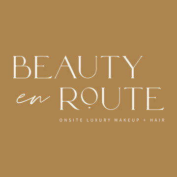 Beauty En Route logo featuring elegant serif and script typography on a gold background with text 'Onsite Luxury Makeup + Hair'