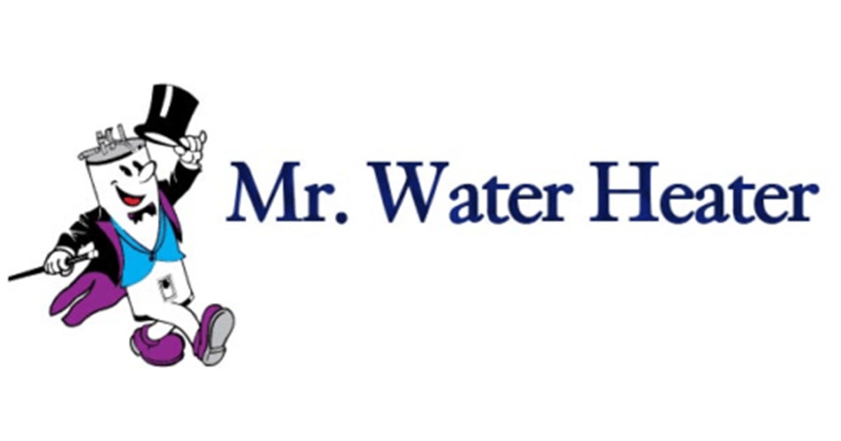Mr Water Heater logo featuring a cheerful cartoon character in a top hat and blue apron holding a wrench
