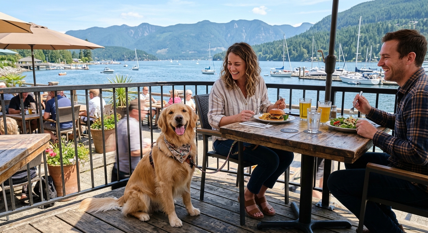 Dog sitting at an outdoor café patio with its owner in Port Moody