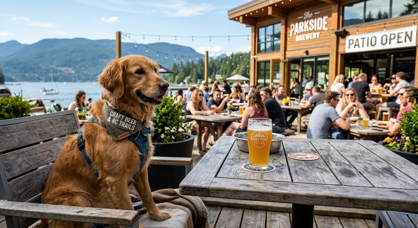 Dog sitting beside a pint at a dog-friendly pub patio in Port Moody