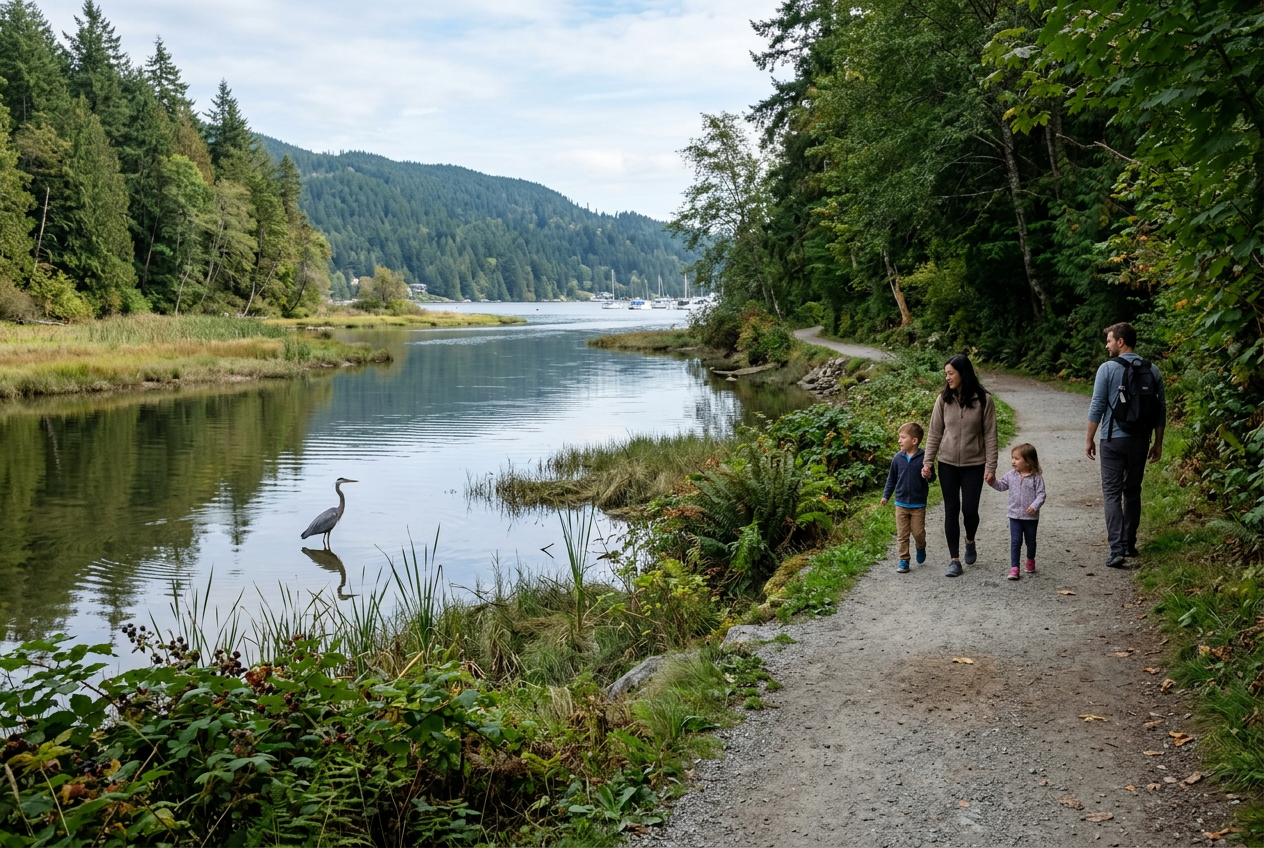 local experiences calm river path with heron