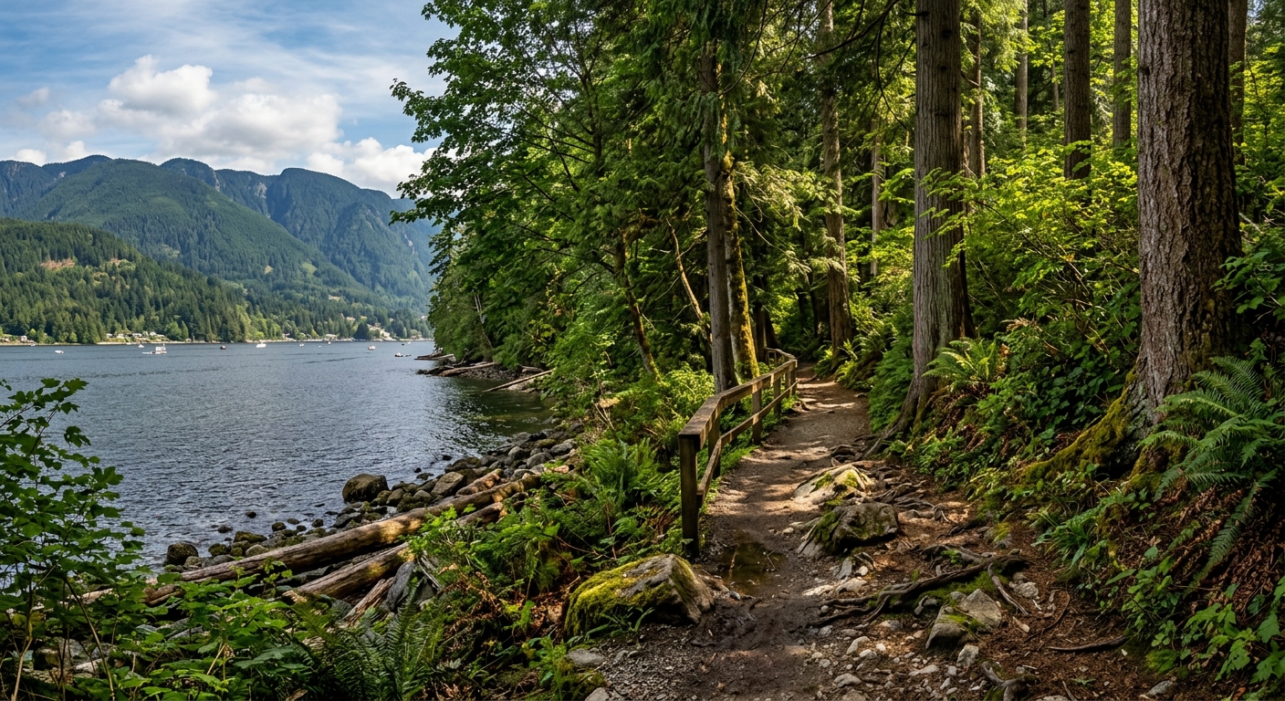Scenic forest trail near Buntzen Lake Port Moody