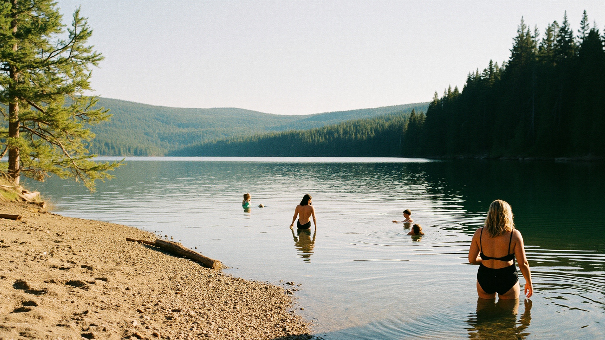Visitors wading at Sasamat Lake beach in Belcarra Regional Park
