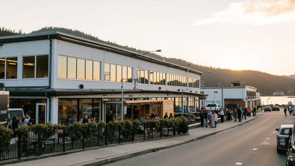 Aerial view of Port Moody waterfront brewery district at dusk