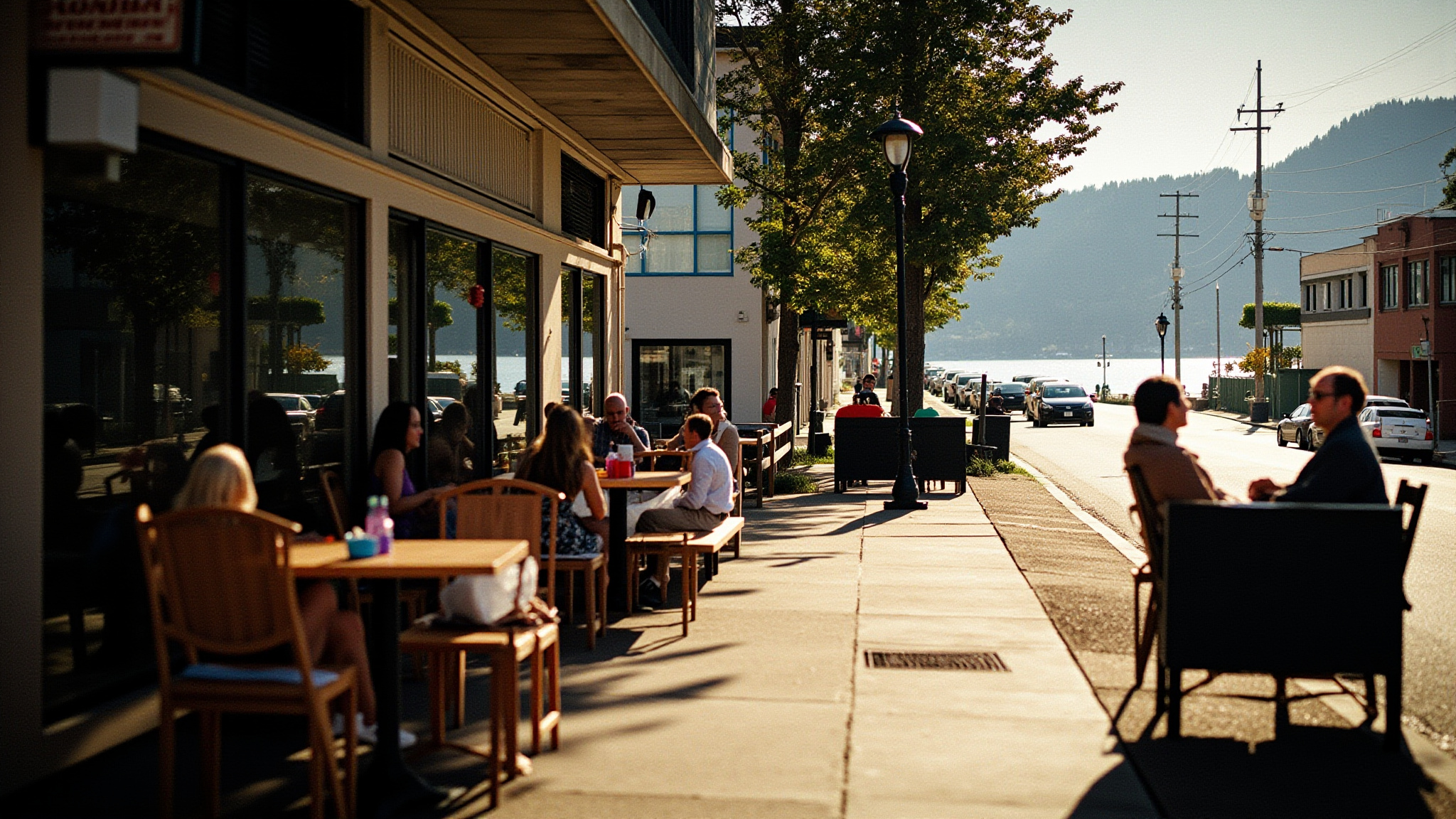 Waterfront brunch patio overlooking Port Moody Inlet at morning