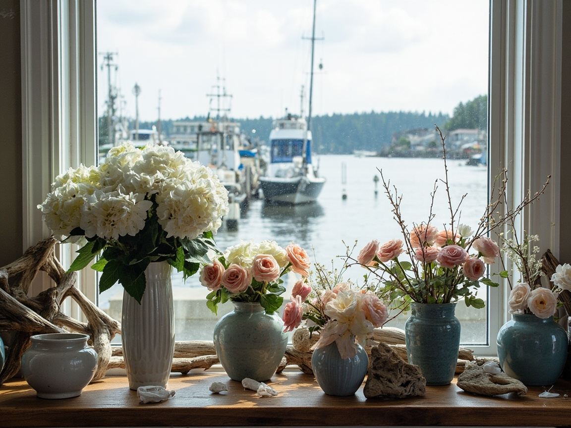 Port Moody flower shop in Newport Village at golden hour with Burrard Inlet