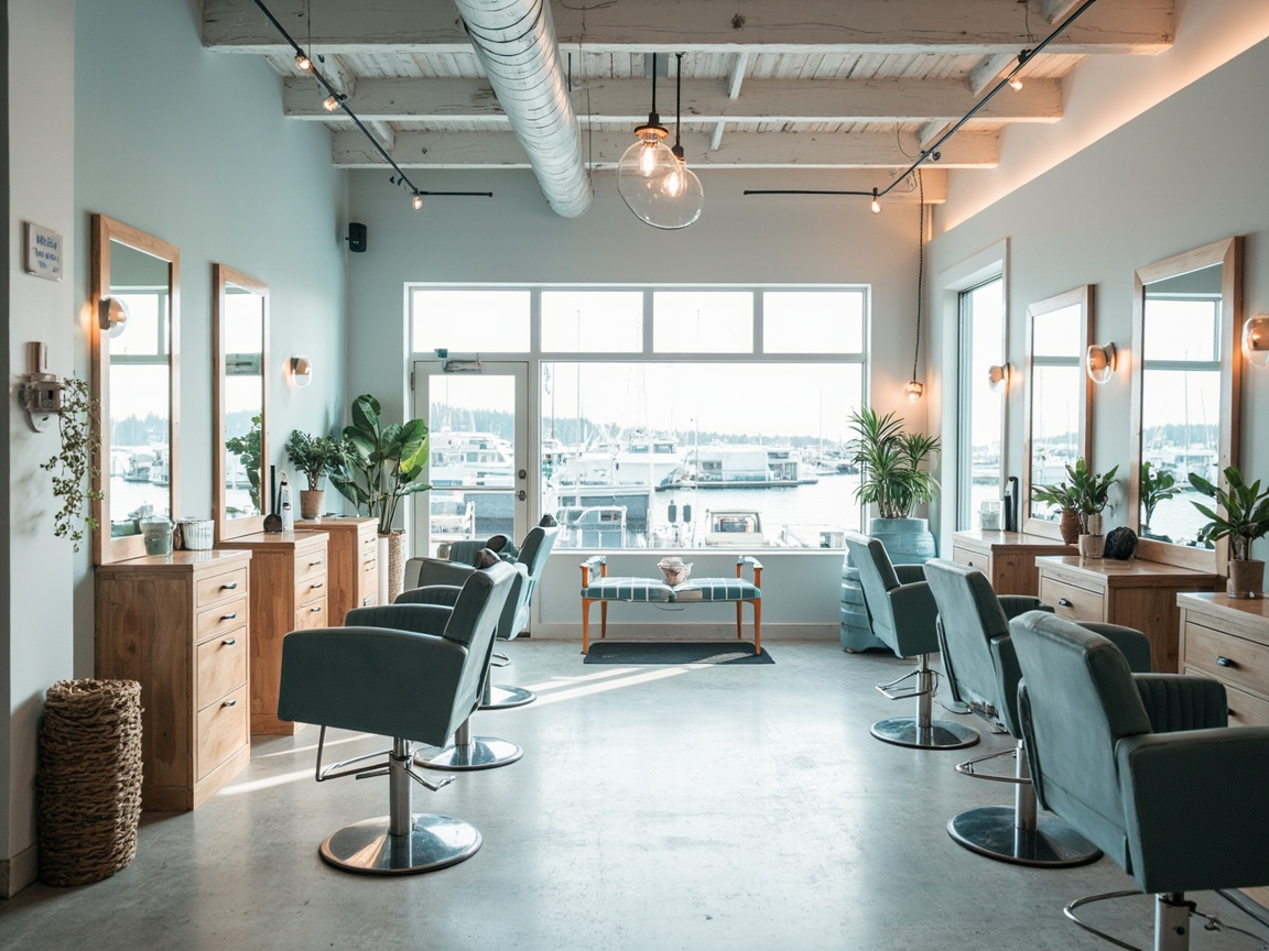 Port Moody coastal salon with light blue and white tones, natural wood stations and harbour views