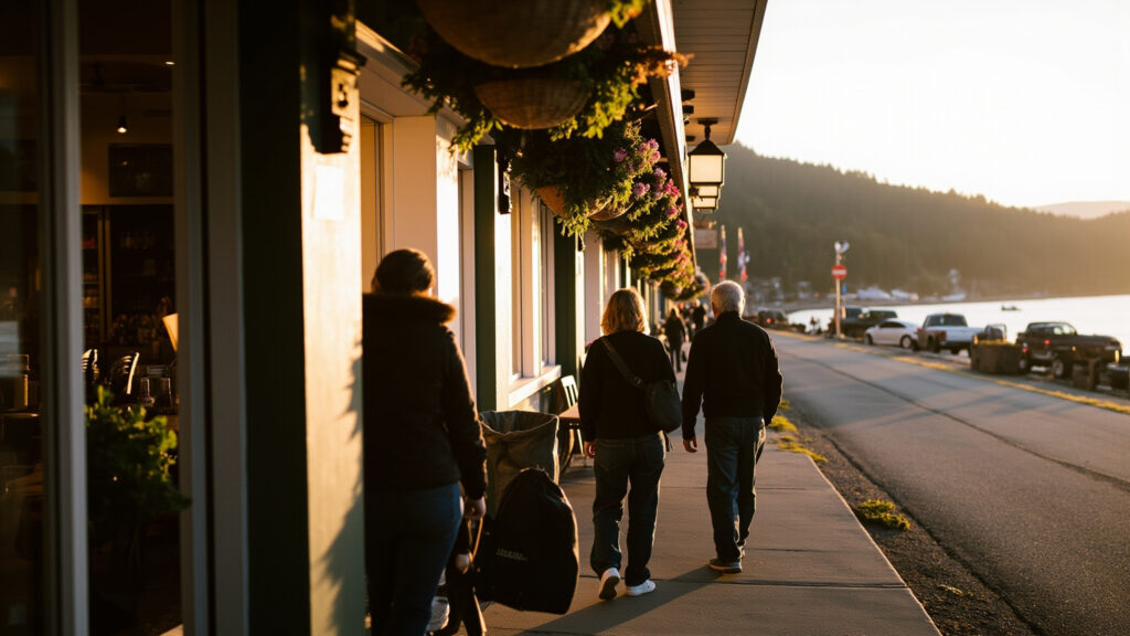 Aerial view of Port Moody waterfront restaurant patio at dusk