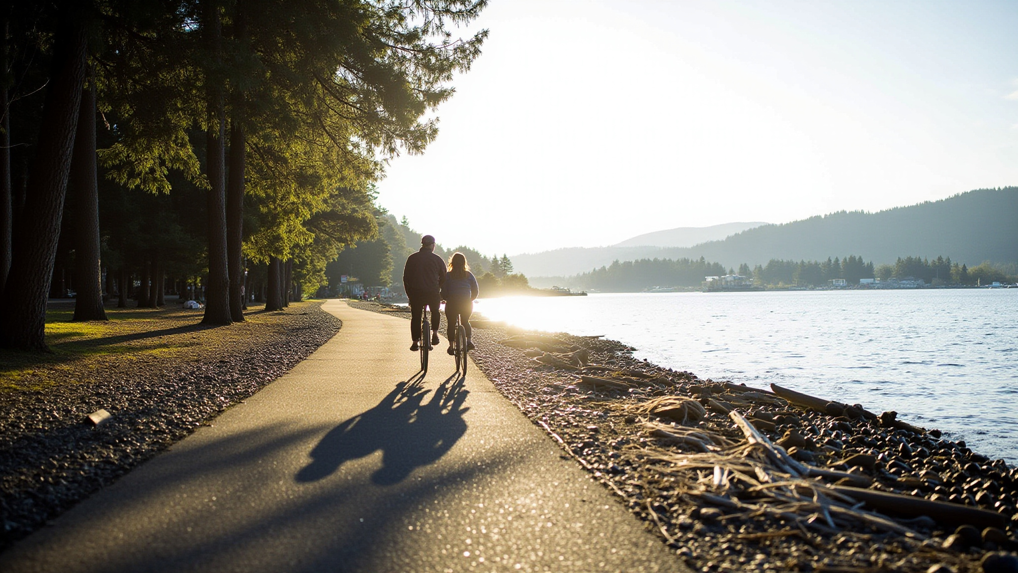 Cyclists from behind on Port Moody Shoreline Trail beside Burrard Inlet