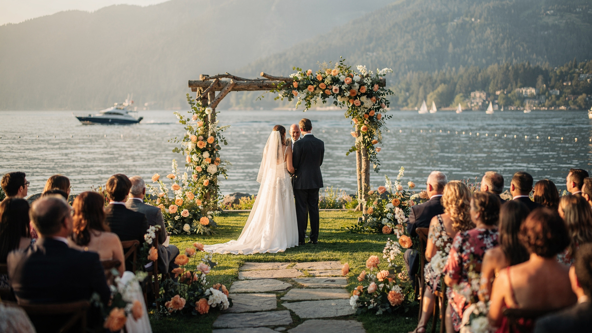 Port Moody BC waterfront wedding ceremony overlooking Burrard Inlet mountains